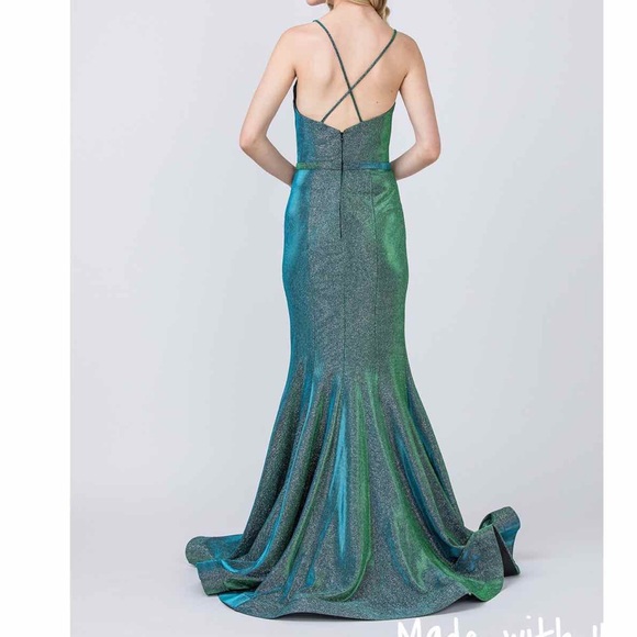 Cindy Metallic Green Long Formal Prom Evening Gown Dress Size L - Picture 3 of 9